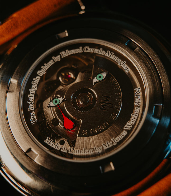 Close up of The Indefatigable Sphinx watch caseback
