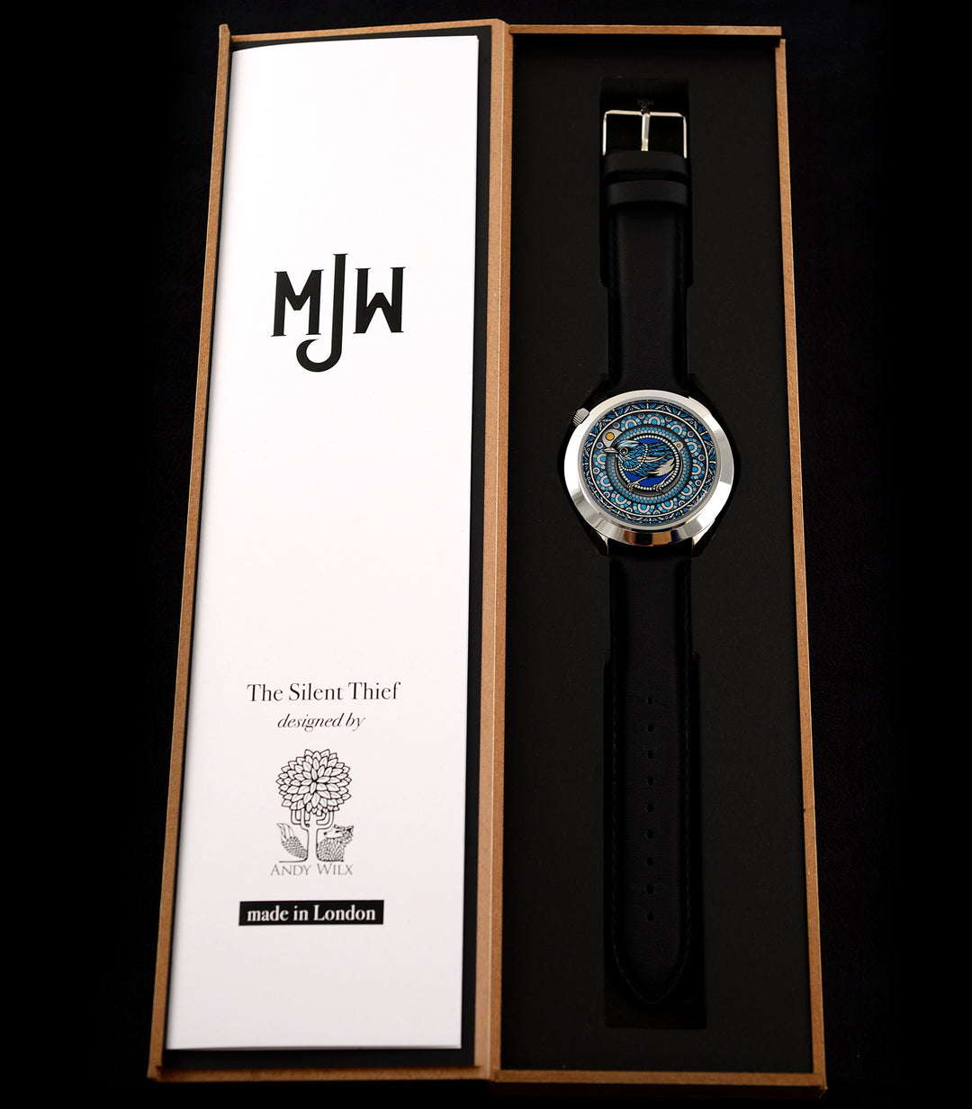 The Silent Thief watch in Mr Jones Watches box with insert card