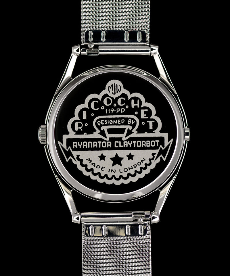 Ricochet watch engraved case back