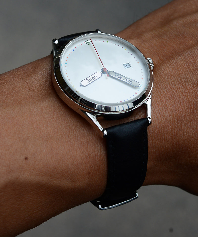 The Everyday Special watch worn on wrist with black strap