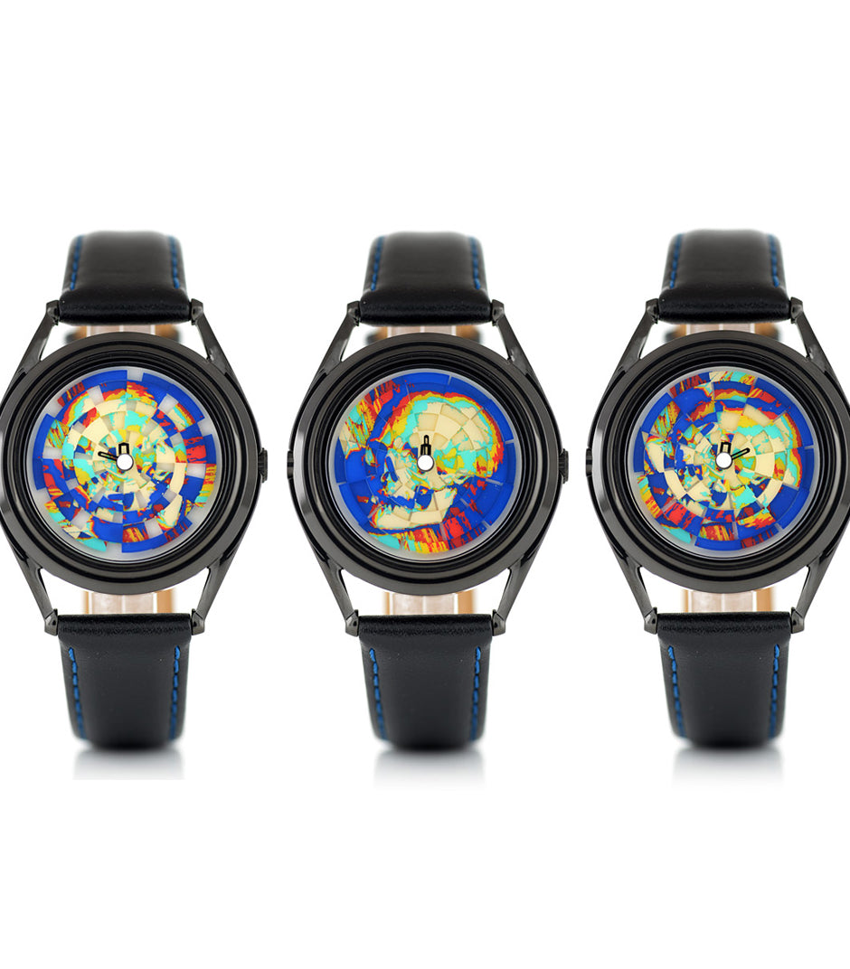 Ambassador colourful skull watch by Mr Jones Watches - flat view at three different times