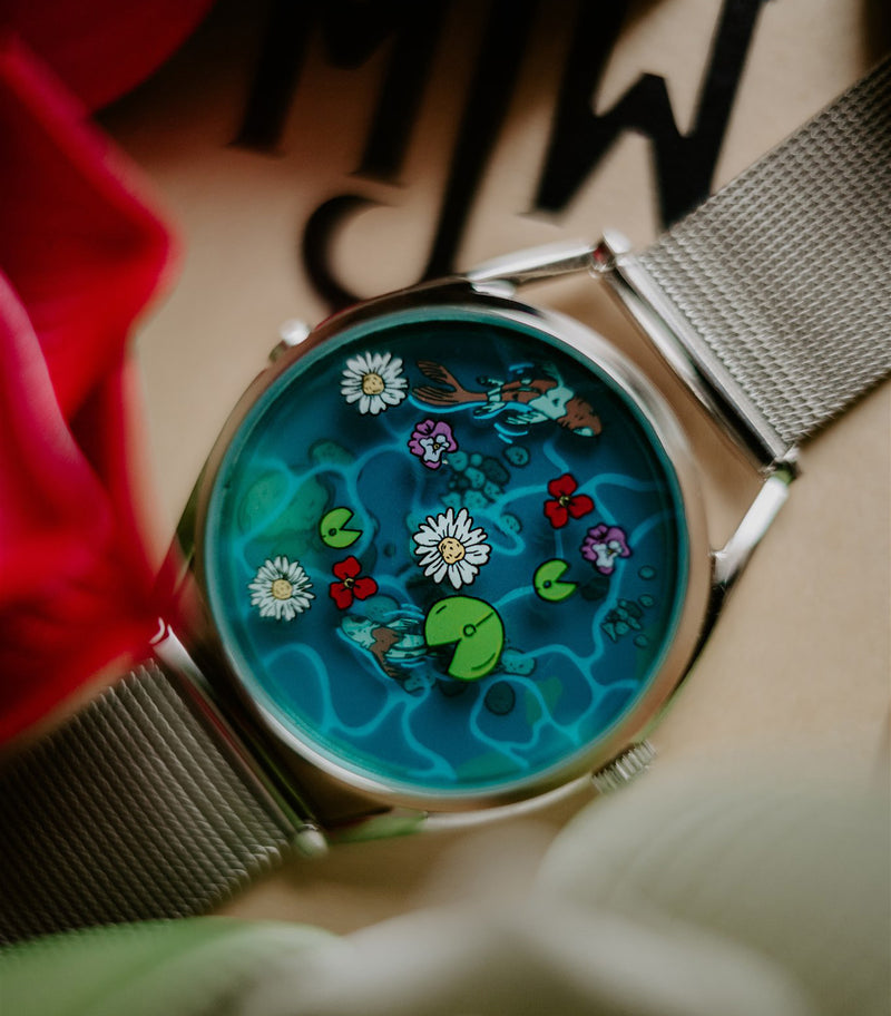 Close up of Ophelia watch on Mr Jones Watches product box