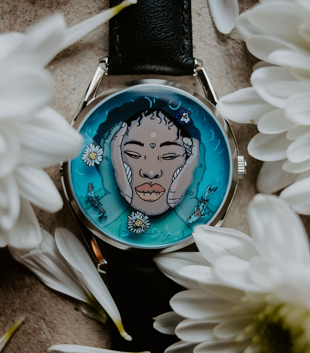 Ophelia watch surrounded by flowers